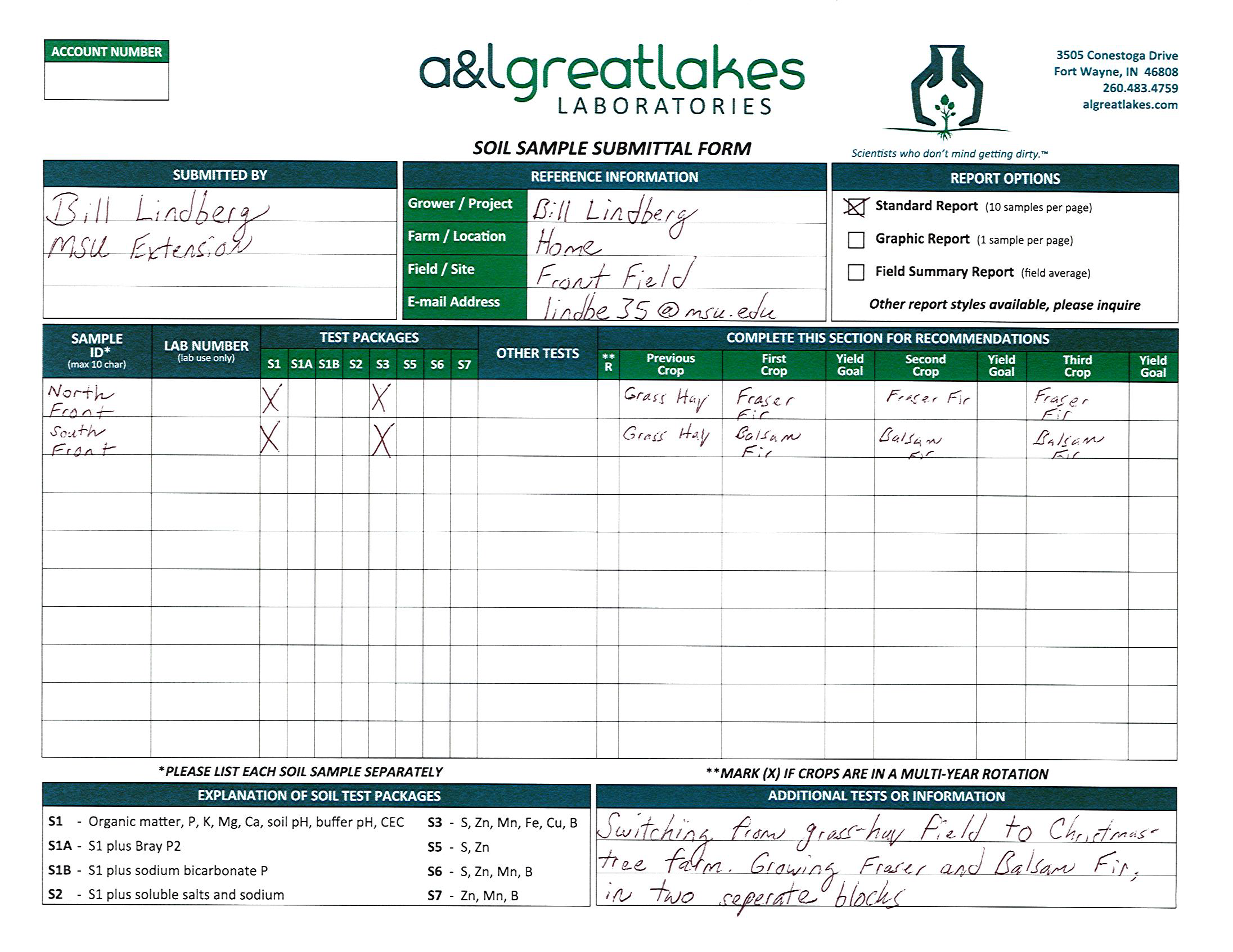 A soil sample submittal form filled out.